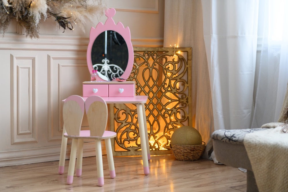 Princess Vanity Table and Chair Set: Kids Dressing Table with Mirror