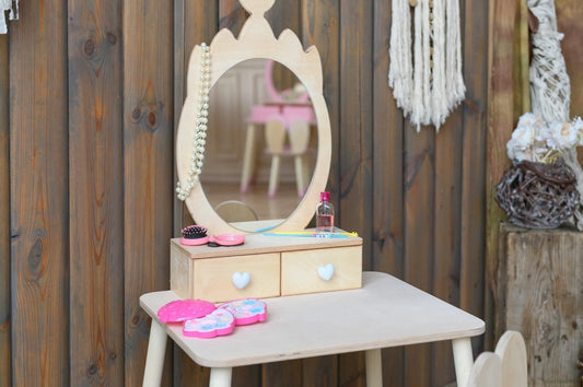 Princess Vanity Table and Chair Set: Kids Dressing Table with Mirror