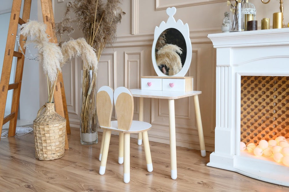 Princess Vanity Table and Chair Set: Kids Dressing Table with Mirror
